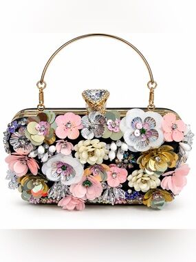 Floral Sequin Beaded Evening Clutch Crystal Kiss Lock Handbag 7” x 4”